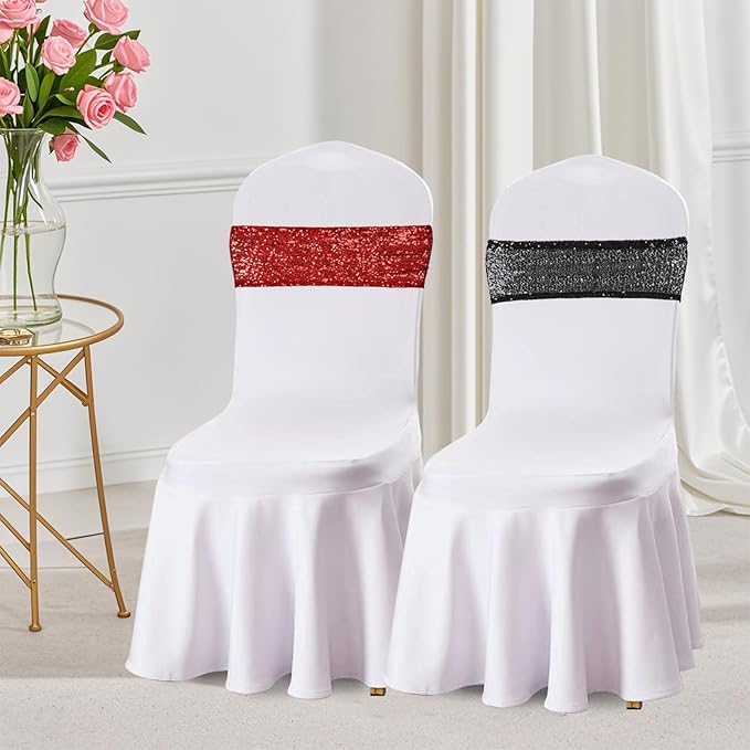 Eternal Beauty Pack of 30 Red Sequin Chair Sash Bands Bows Chair Sashes for Wedding Cover Decorations