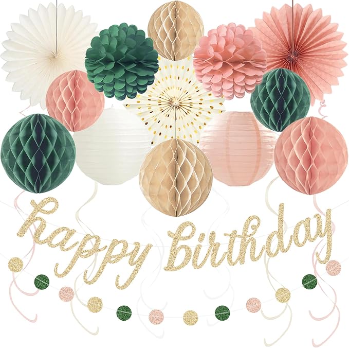 Pink Sage Green Happy Birthday Decorations, Pre-Strung Happy Birthday Banner with Honeycomb Balls, Paper Flowers, Lanterns, Hanging Swirls, Circle Dots Garland for Birthday Party Decorations 24pcs