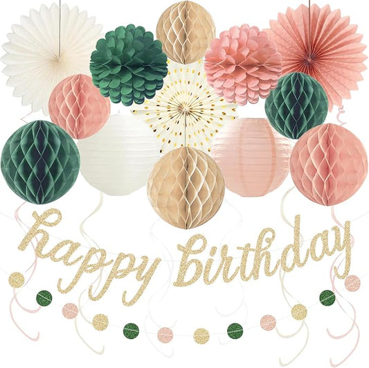 Pink Sage Green Happy Birthday Decorations, Pre-Strung Happy Birthday Banner with Honeycomb Balls, Paper Flowers, Lanterns, Hanging Swirls, Circle Dots Garland for Birthday Party Decorations 24pcs