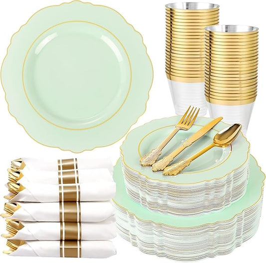 Liacere 175PCS Light Green Plates - Disposable Green and Gold - 25guest Baroque Dinnerware include 50Plates,25Pack Pre Rolled Napkins with Silverware 25Cups for Wedding ＆ Party & Spring