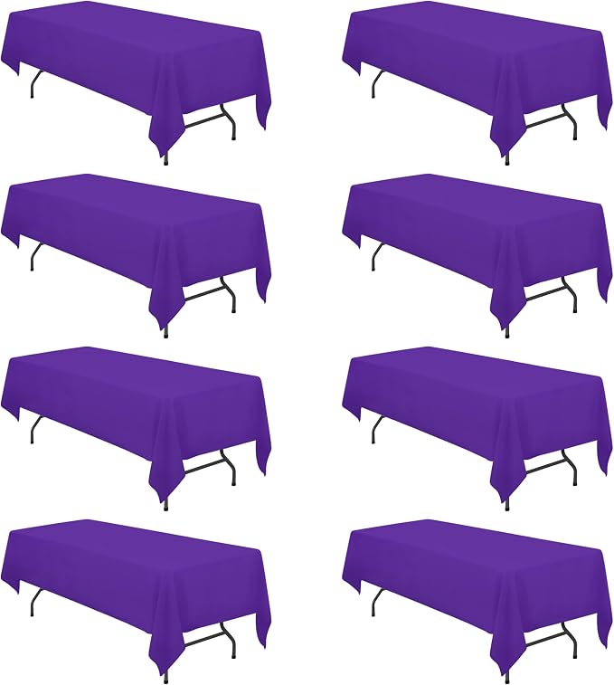 BRILLMAX 8 Pack Purple Tablecloths 60 x 126 Inch for 8ft Rectangle Tables - 150 GSM Polyester Fabric, 15" Standard Drop, Water, Stain & Wrinkle Resistant Cloth Cover for Wedding Dining Buffet