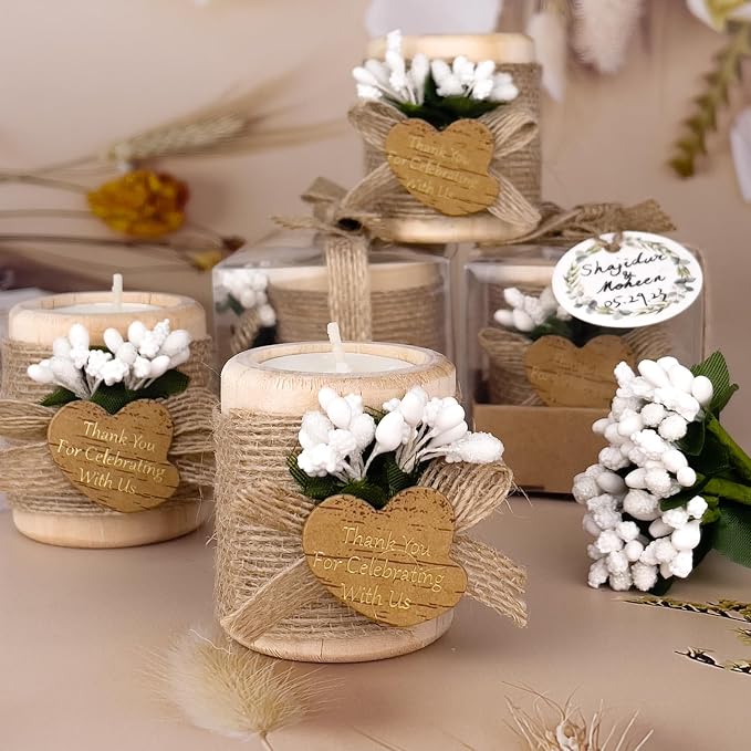 30 Pack Wedding Favors Wood Tealight Candle Holders, Bridal Shower Favors for Guests Bulk, Baptism/Baby Shower Centerpieces for Tables, Wood Cylinder Candle Set for Baby Shower Decorations