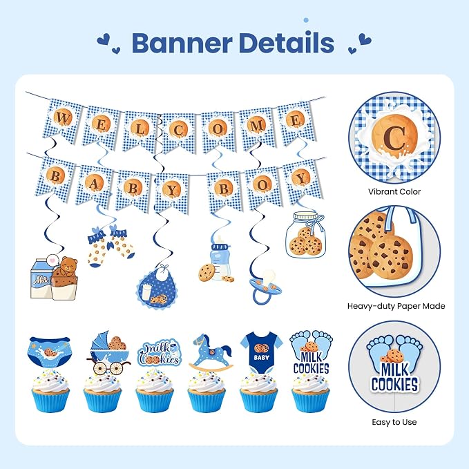 Milk and Cookies Baby Shower Decorations Kit:134 Pcs Welcome Baby Boy Plates Napkins Tablecloth Banner Hanging Swirls Cake Toppers Balloons Cookies Baby Shower Decorations for Boy