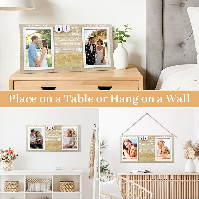 Then & Now Anniversary Picture Frame – Anniversary Wedding Gift for Couple & Parents, 1–99 Years Double 4x6 Picture Frame with Number Cards & Greeting Card (Natural Wood Color)