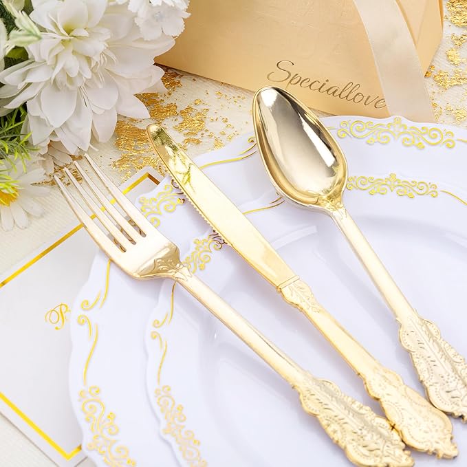 DaYammi 150Pcs White Gold Plastic Plates & Plastic Silverware, Gold Disposable Plates for Party Include 30 Dinner Plate, 30 Dessert Plate, 30 Knives, 30 Forks, 30 Spoons for Party Wedding