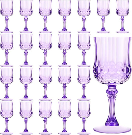 Pinkunn 50 Pcs 7 oz Plastic Vintage Wine Glasses Reusable Colored Goblets Patterned Drinking Water Glasses Cup Dishwasher Safe for Mother's Day Wedding Reception Party Supplies (Purple)