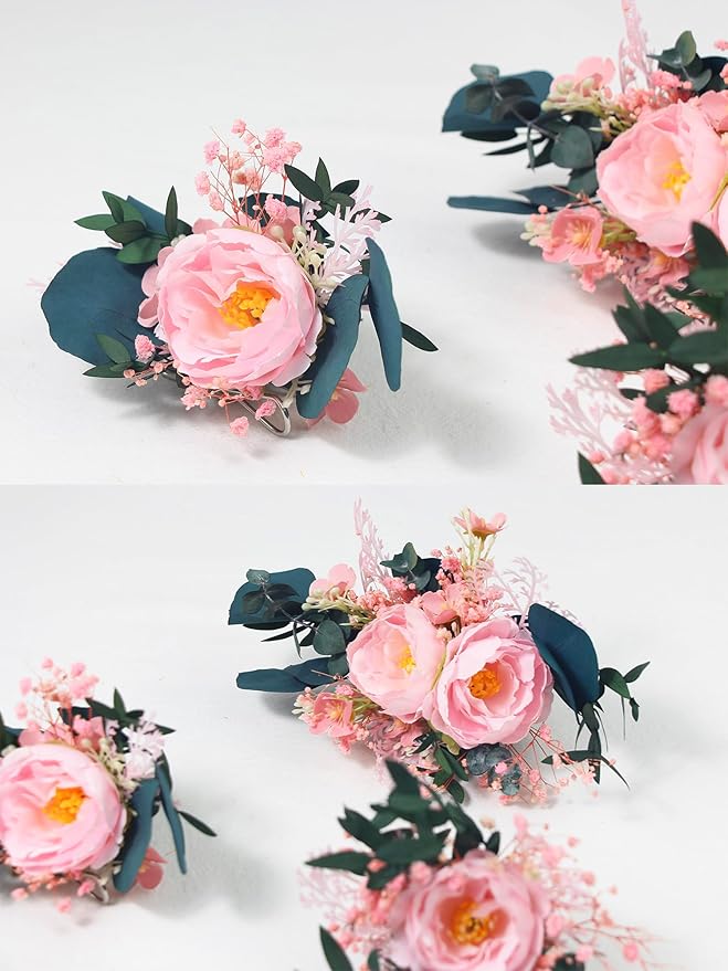 Rinlong 3Pcs Pre-made Cake Flowers Cake Decorations Wedding Cake Decorating Flowers Decor Boho Rustic Birthday Party Artificial Flowers Cake Toppers Pink Dark Green