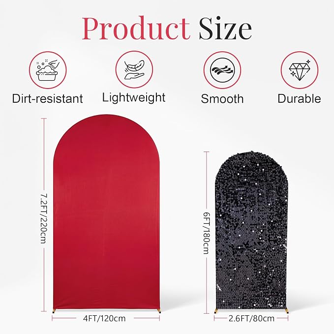 Red and Black Arch Covers 7.2 and 6FT Sequin Arch Backdrop Cover Set of 2, Spandex Fitted Bling Sequin Arch Stand Covers for Birthday Party Ceremony Baby Shower Banquet Decoration