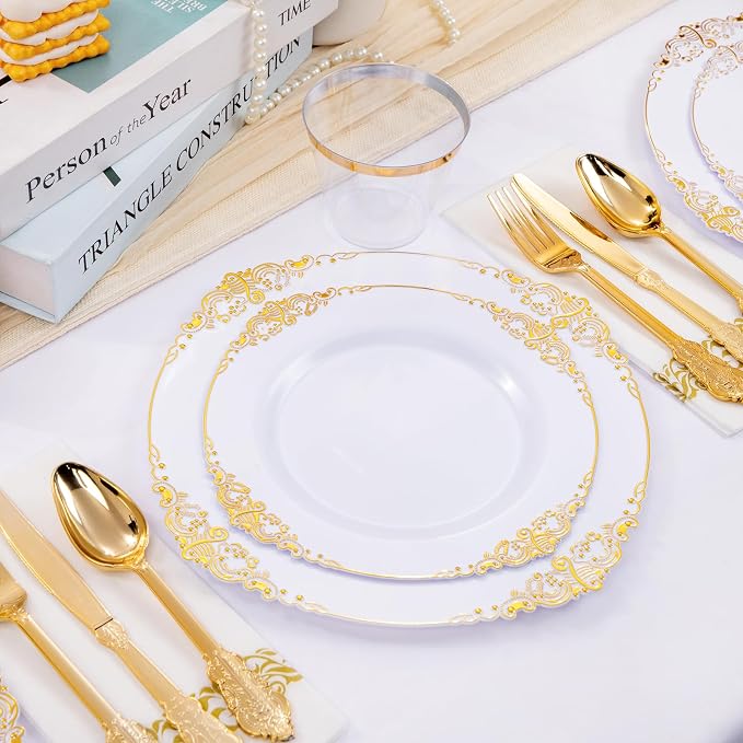 Hioasis 350pcs White and Gold Plates - White Party Plates for 50 Guest, Include 100 Heavy-duty Plates(20% Thicker Than Standard), 150 Cutlery Set, 50 Napkin, 50 Cups for Party & Wedding
