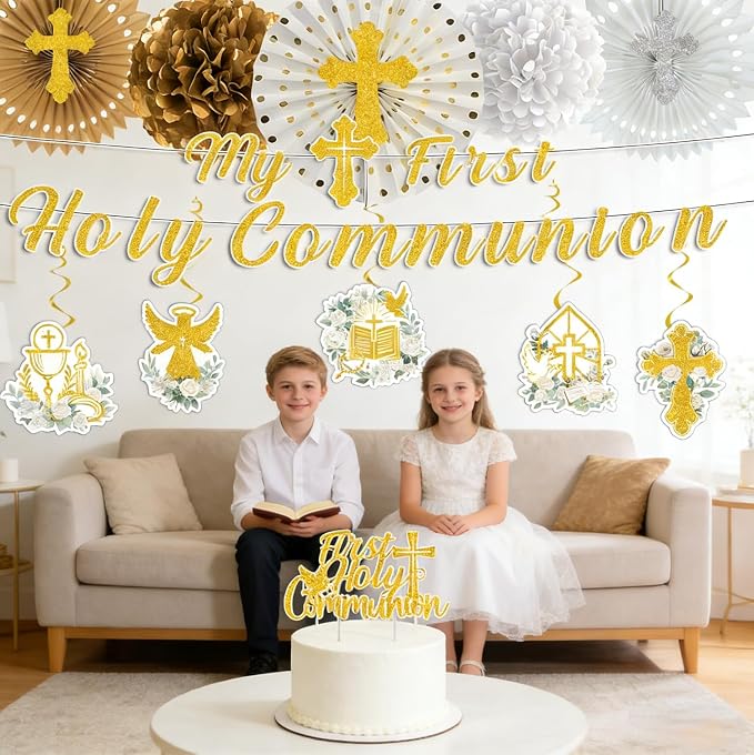 Rakuto First Communion Party Decorations, 13PCS Primera Comunion Decoracion Set with Banners Hanging Swirls Paper Fans Decoration, First Holy Baptism Cake Toppers and Paper Pom Poms Decor Supplies