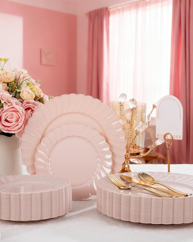YOUBET 100PCS Pink Scalloped Plastic Plates - Heavy Duty Pink Disposable Fancy Hard Plates Include 50 Dinner Plate, 50 Dessert Plate, for Wedding & Party