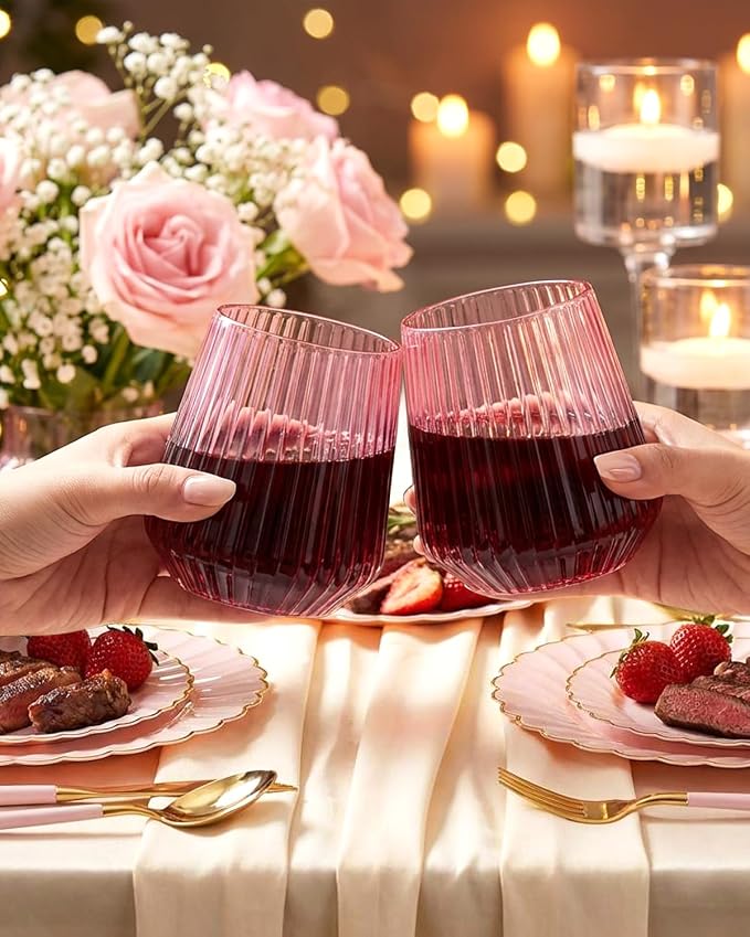 Ciaell 30 Pack Pink Plastic Ribbed Wine Glasses, 12 OZ Origami Stemless Disposable Wine Champagne Whiskey Glasses Unbreakable Clear Plastic Cocktail Glasses, Wine Cups for Party Wedding