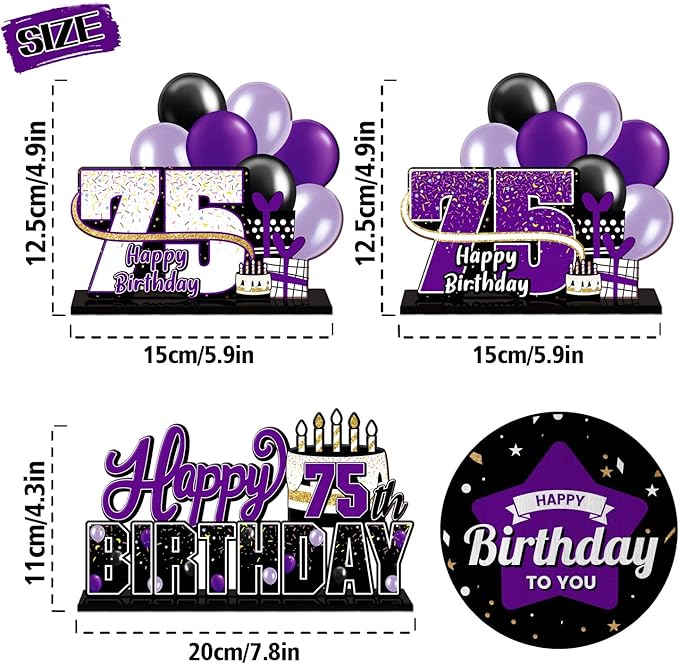 LINGTEER Happy 75th Birthday Purple Acrylic Table Topper Centerpieces Set - Cheers to 75 Years Old Birthday 75th Bday Party Gift Decorations.