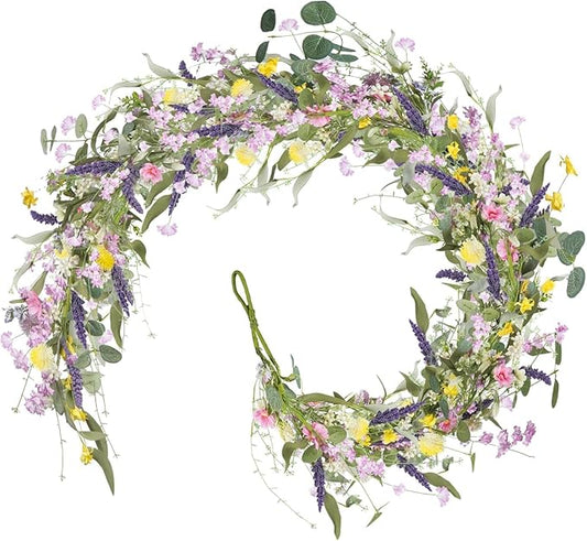 HUAESIN 5.9FT Wildflower Garland Summer Mantel Garland for Decorating Spring Flower Garland with Lavender Daisy Hanging Vine for Fireplace Window Wall Party Wedding Table