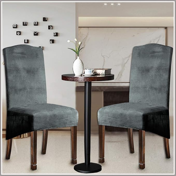 Velvet Plush XL Dining Chair Covers, Stretch Chaircover, Spandex High Chairs Protector Covers Seat Slipcover with Elastic Band for Dining Room,Wedding, Ceremony, Banquet (Light Grey, Set of 2)