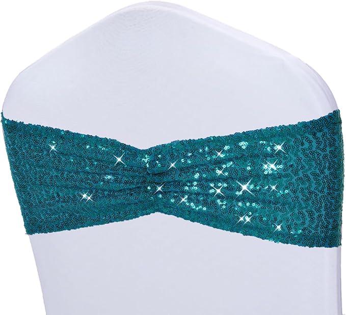 Poise3EHome Teal Sequin Chair Sashes, Double Sided Glitter Folding Chair Cover Bands for Wedding Party Ceremony Banquet Reception Decorations, 20 PCS