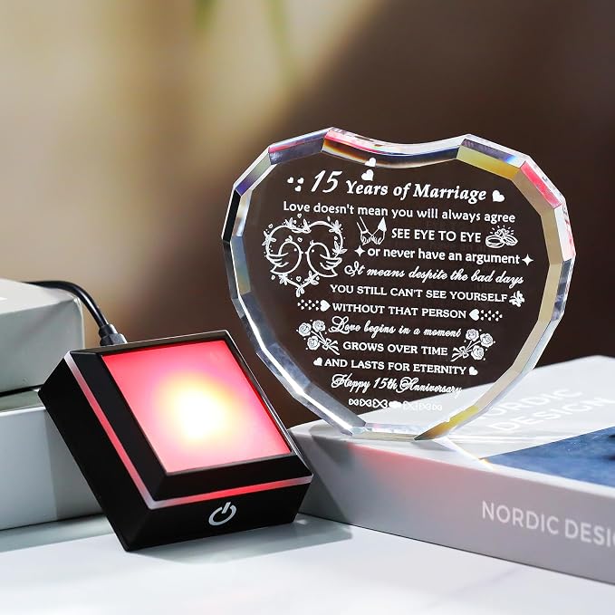 Arikyrist 15th Wedding Anniversary Crystal Heart Gifts for Couple, Laser Engraved Happy 15th Anniversary Crystal Gifts for Wife Husband, Romantic 15 Years of Marriage Gift for Him Her Friends