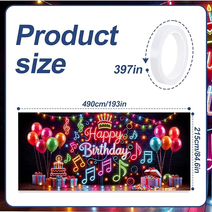 Neon Birthday Garage Door Banner 7x16ft Glow in Dark - Colorful Music Notes & Balloon Backdrop,Glow Party Decor for Adults,Photo Booth Background