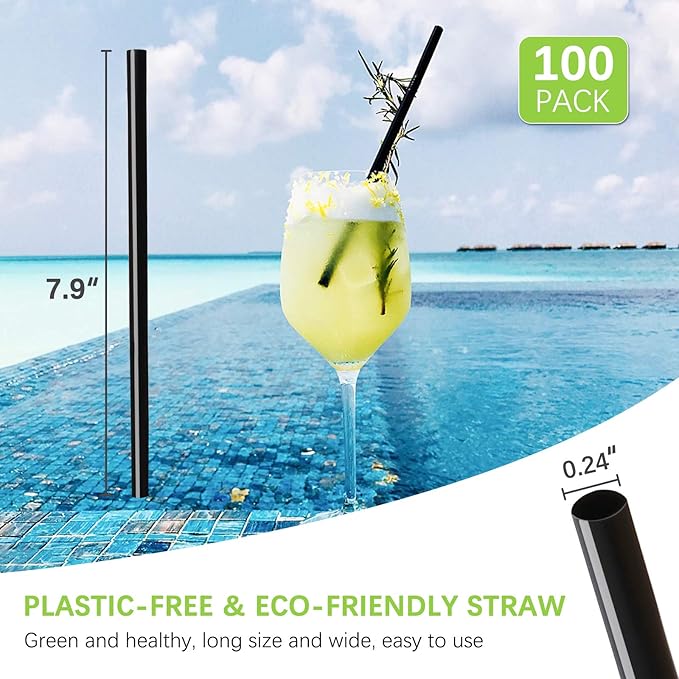 Plasticless 100 Pcs PLA Disposable Drinking Straws Corn Plant Based Biodegradable Straws, BPA Free Compostable Stir Sticks Black Reusable Straw Alternative to Plastic Straw for Party Drinks