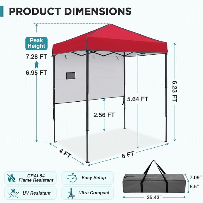 EAGLE PEAK 6x4 Instant Pop Up Canopy Tent with 1 Half Wall Panel, Straight Leg Sun Shelter, Portable Canopy with Carry Bag for Camping, Beach & Sports, Red