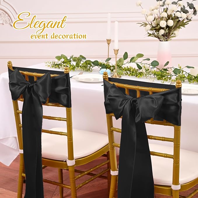 60 PCS Black Chair Sashes, Ties Bows Designed Sashes for Washable Reusable Chair Covers Supplies for Wedding Reception Events Banquets Party Hotel Event Aisle Decorations (7 x 108 inch)