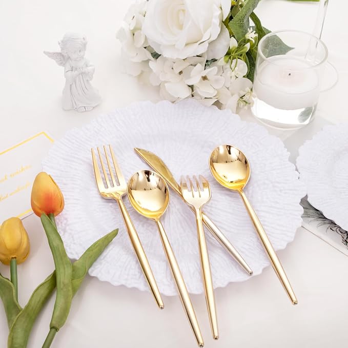 SUT 150PCS Gold Plastic Silverware Set, Heavy Duty Disposable Cutlery for Party,Includes 50 Forks, 50 Spoons and 50 Knives, Elegant Plastic Flatware for Wedding, Birthday and Catering