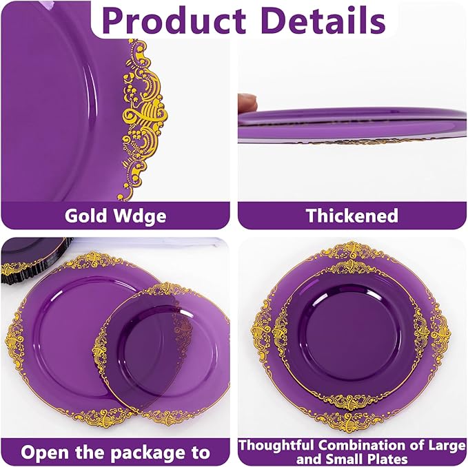 102PCS Purple and Gold Plastic Plates - High End Purple Disposable Plate - Vintage Dinner & Dessert Plates for 51 Guests Birthday Party Wedding