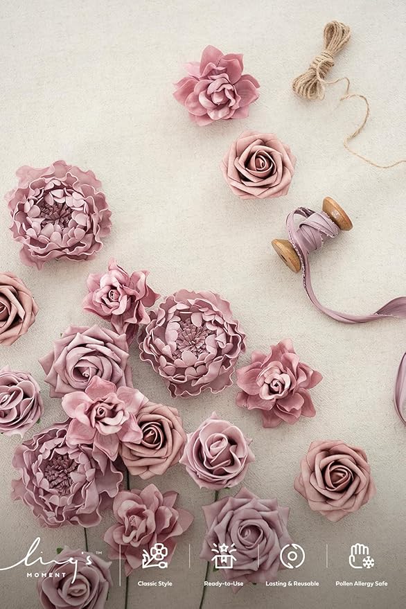Ling's moment Artificial Flowers Fake Roses Faux Foam Peonies Combo for DIY Wedding Bouquets Centerpieces Arrangements Bridal Shower Party Home Decorations, Dusty Rose, 23pcs