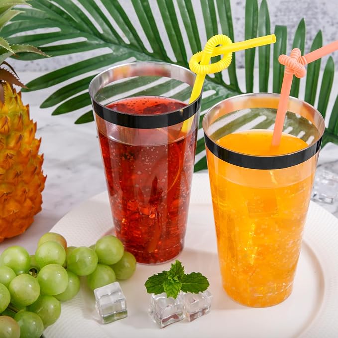 LIYH 100 Pcs 16 oz Black Rim Disposable Plastic Cups – Clear Fancy Party Cups for Weddings Cocktails Party 480ml