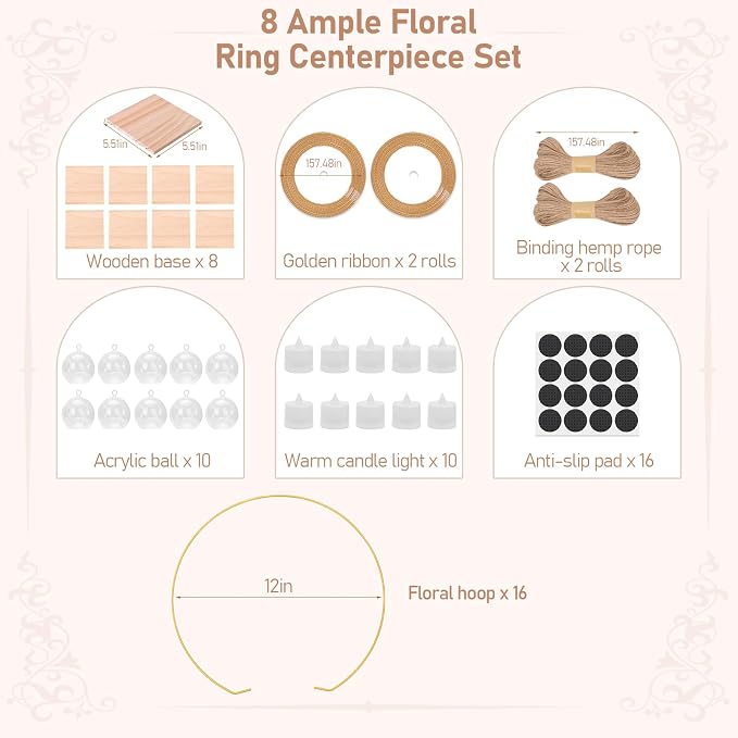 cenoz 8 Pack 12Inch Double Floral Hoop Centerpiece for Tables, Hoop Centerpiece Kit with Candle Light & Clear Acrylic Base, Metal Wreath Ring for DIY Table Wedding Decorations(Flower Not Included)