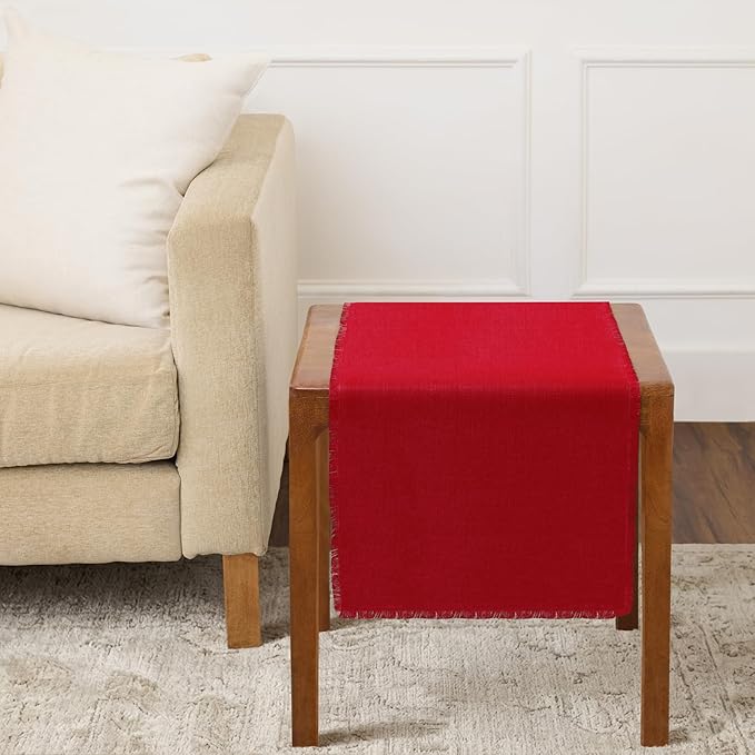Solino Home Fringe Linen Table Runner 36 Inches - 100% Pure Linen Cherry Red Table Runner 14 x 36 Inch Ideal for Dresser and Coffee Tables - Mothers Day