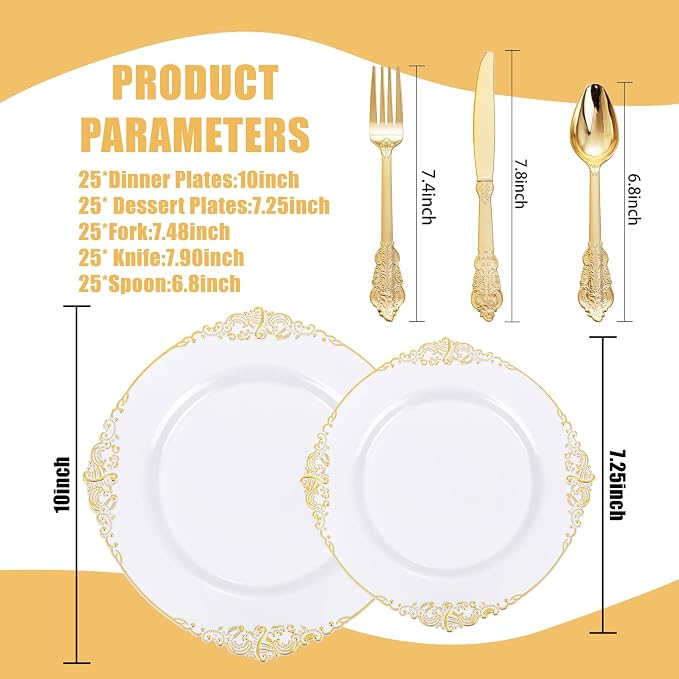 125PCS White and Gold Plastic Plates - Gold Disposable Plates with Plastic Silverware - Vintage Disposable Dinnerware Set for 25 Guests for Wedding Party Dinner Holiday
