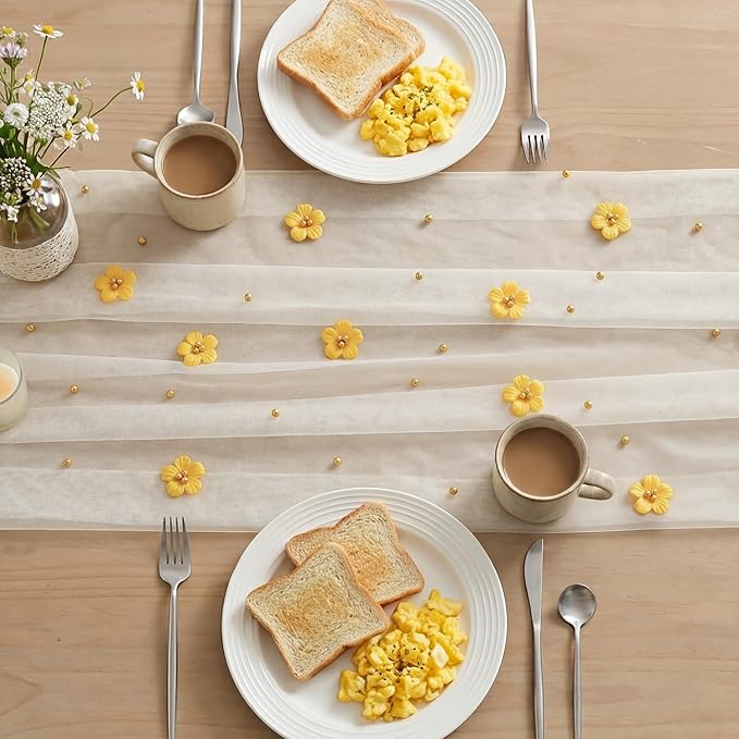 Artoid Mode Yellow Flower Pearl White Gauze Table Runner 10FT 6PC, Seasonal Sheer Dining Holiday Wedding Birthday Baby Shower Table Decor for Home Party