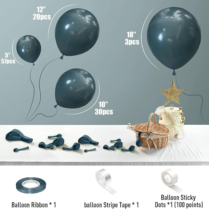 Jobkoo Blue Balloons 113Pcs, Dusty Balloon Arch Garland Kit Different Sizes, 5 10 12 18inch Matte Retro Slate Fog Latex Helium for Boho Birthday Wedding Baby Shower Party Decorations QQ-113