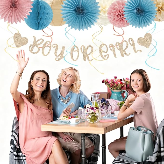 Boy Or Girl Gender-Reveal Party-Decorations - 22pcs Champagne Dusty Blue Blush Pink Backdrop Banner,Neutral Paper Lanterns Streamers,Tissue Pom Poms Flowers Fans Decor Ideas Supplies Hugmoon