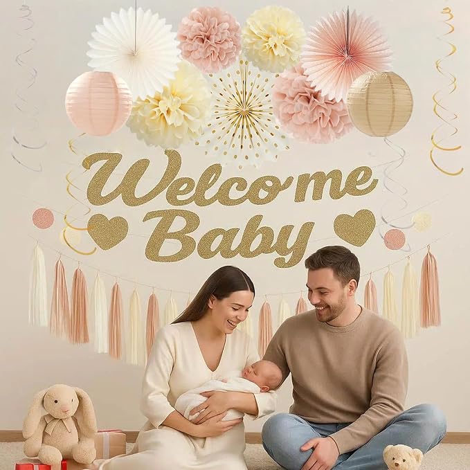 Champagne Gold Beige Baby Shower Party Decorations, Welcome Baby Banner, Paper Pompoms, Lanterns, Fans, Hanging Swirls, Circle Dots Garland Tassel Garland for Baby Shower Decorations 37pcs