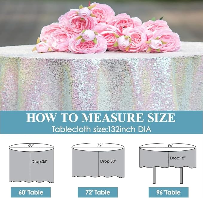 Sequin Tablecloth for Parties 132 Inch - Sparkle Glitter Cloth Round Table Cover Overlay for Wedding Baby Shower Ceremony Birthday Cake Table Holiday Banquet Decoration(Iridescent)