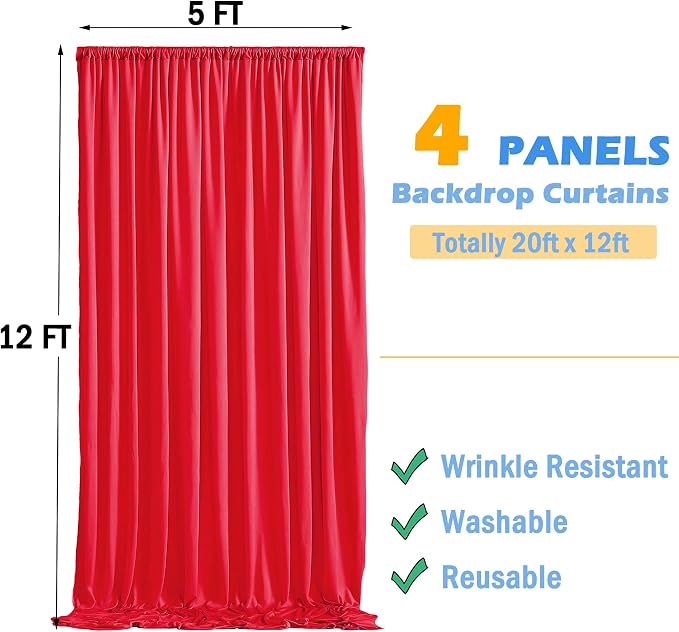 20ftx12ft Wrinkle Free Red Backdrop Curtains for Parties, 4 Panels 12FT Long Silky Red Photo Backdrop Drapes Back Drop Cloth for Wedding Birthday Photography Background Decor