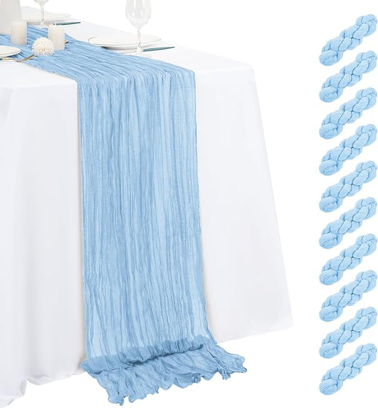 10 Pack Light Blue Cheesecloth Table Runner 17x108 Inch Semi Sheer Boho Gauze Cheese Cloth Table Runners, for Wedding Bridal Shower Birthday Party Home Decor Garden Farmhouse