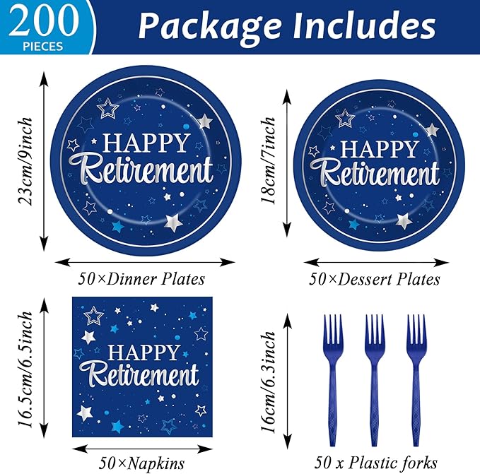 Qyeahkj 50 Guests Retirement Plates and Napkins Party Supplies Happy Retirement Party Decorations Disposable Tableware Set Sliver Blue Dinnerware Favor for Women Men Graduations Theme Party, 200PCS