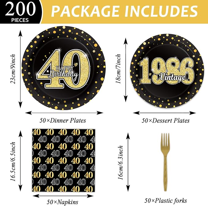 40th Theme Bithday Party Tableware Vintage 1986 Party Supplies 40 Year Old Birthday Decorations Plates Napkins Forks Black and Gold Dinnerware Favors for Men or Women