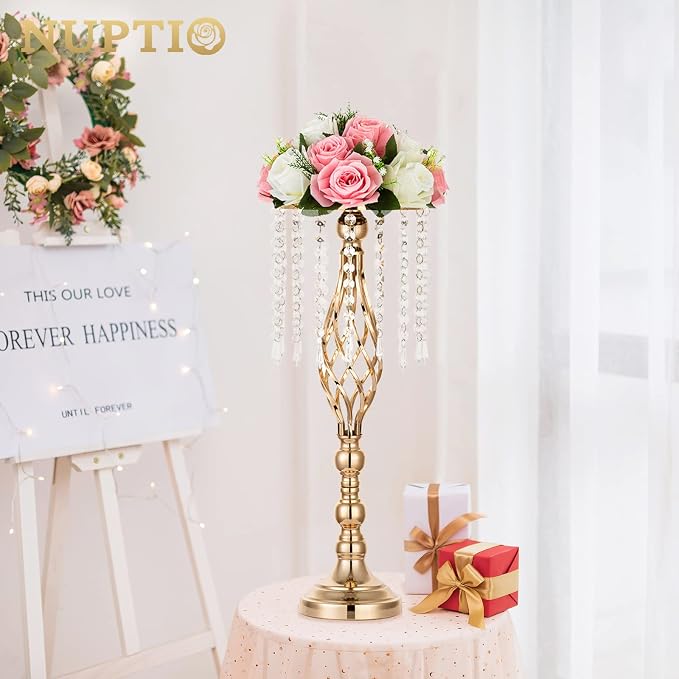 Nuptio 10 Pcs Crystal Flower Stand Wedding Centerpieces for Tables, 21.7in/55cm Tall Elegant Metal Flower Arrangement Stand, Tabletop Metal Flower Vase for Wedding Party Dinner Event Hotel Home Decor