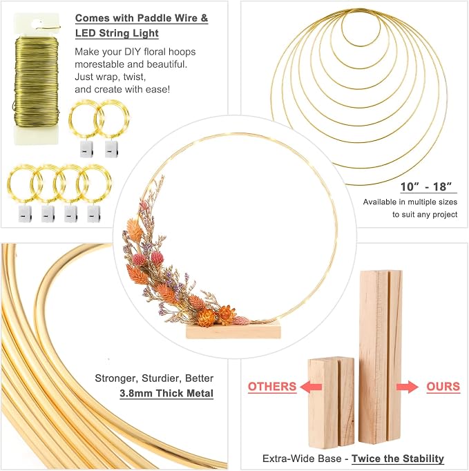 12 Pack Floral Hoop with Stand and LED Fairy Lights 18 inch Metal Rings for DIY Centerpiece Table Decorations Crafts Macrame Rings Hoop Wreath Dream Catcher Rings Wedding Christmas Wreaths, Gold