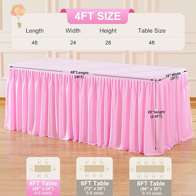 2 Packs Pink Tableclothes for 4 Foot Rectangle Tables, Wrinkle Free Fitted Table Cloth 4ft Stretch Table Cover with Skirt for Parties Weddings Birthday Banquet Baby Shower