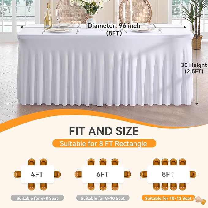 Outpain White Spandex Table Clothes for 8 Foot Rectangle Tables-6Pack 8FT Spandex Fitted Table Cover, Wrinkle Free Tablecloths with Skirt for Parties, Wedding, Birthday, Banquet, Festival