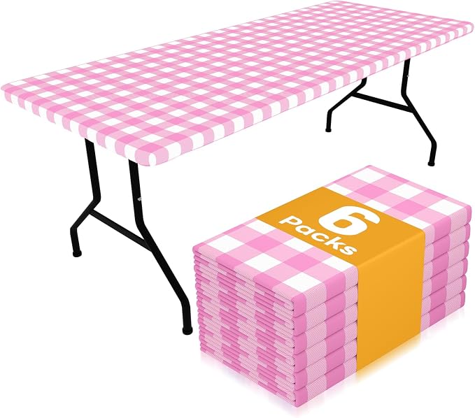 Smiry Picnic Table Cloth 6 Pack, Waterproof Elastic Fitted Tablecloths for 8FT Rectangle Tables, Washable Polyester Buffalo Plaid Tablecloth for Camping, Dining & Outdoor (Pink & White, 30" x 96")