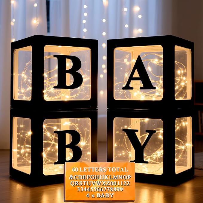 Ledido Baby Boxes with Letters for Baby Shower Decorations, 4 Pcs Transparent Balloon Boxes Blocks with Fairy String Lights, Clear Balloon Boxes for Boy Girl Gender Reveal 2026 HOCO Party Decor(Black)