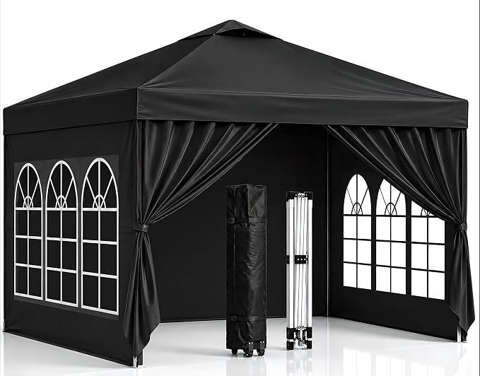 10x10 Pop Up Canopy with Sidewalls- Portable Sun Shade Beach Tent, Gazebo Heavy Duty with Cover Wheeled Bag, Ideal for Parties, Backyard, Camping (Black)