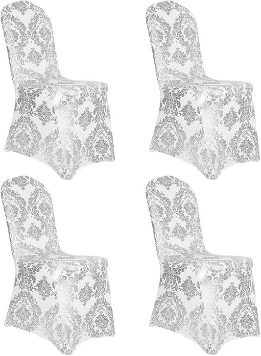 Pack of 4 Dining Chair Covers Bronzing Silver Flower Print Removable Washable Spandex Stretch Decorative Chair Slipcovers Set for Party Wedding Home Decorations - Silver+White