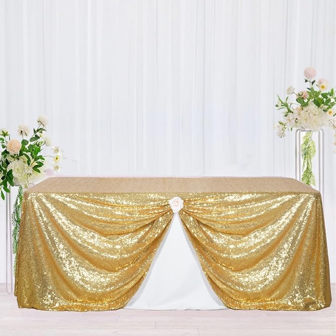 Poise3EHome Gold Sequin Tablecloth 90×132 Inch Rectangle Sparkly Fabric Table Cloth for Birthday Wedding Party Holiday Baby Shower Christmas Decoration